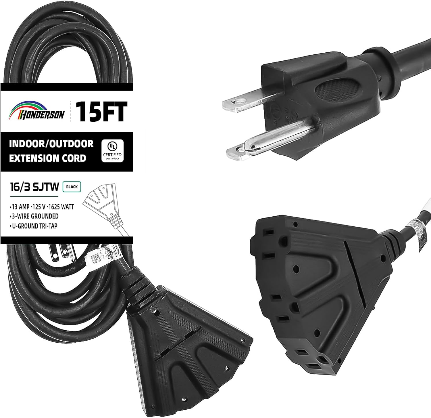 Cable de extensión para exteriores de 15 pies con 3 tomas de corriente eléctrica, cable negro duradero SJTW de 163 con enchufe a tierra de 3