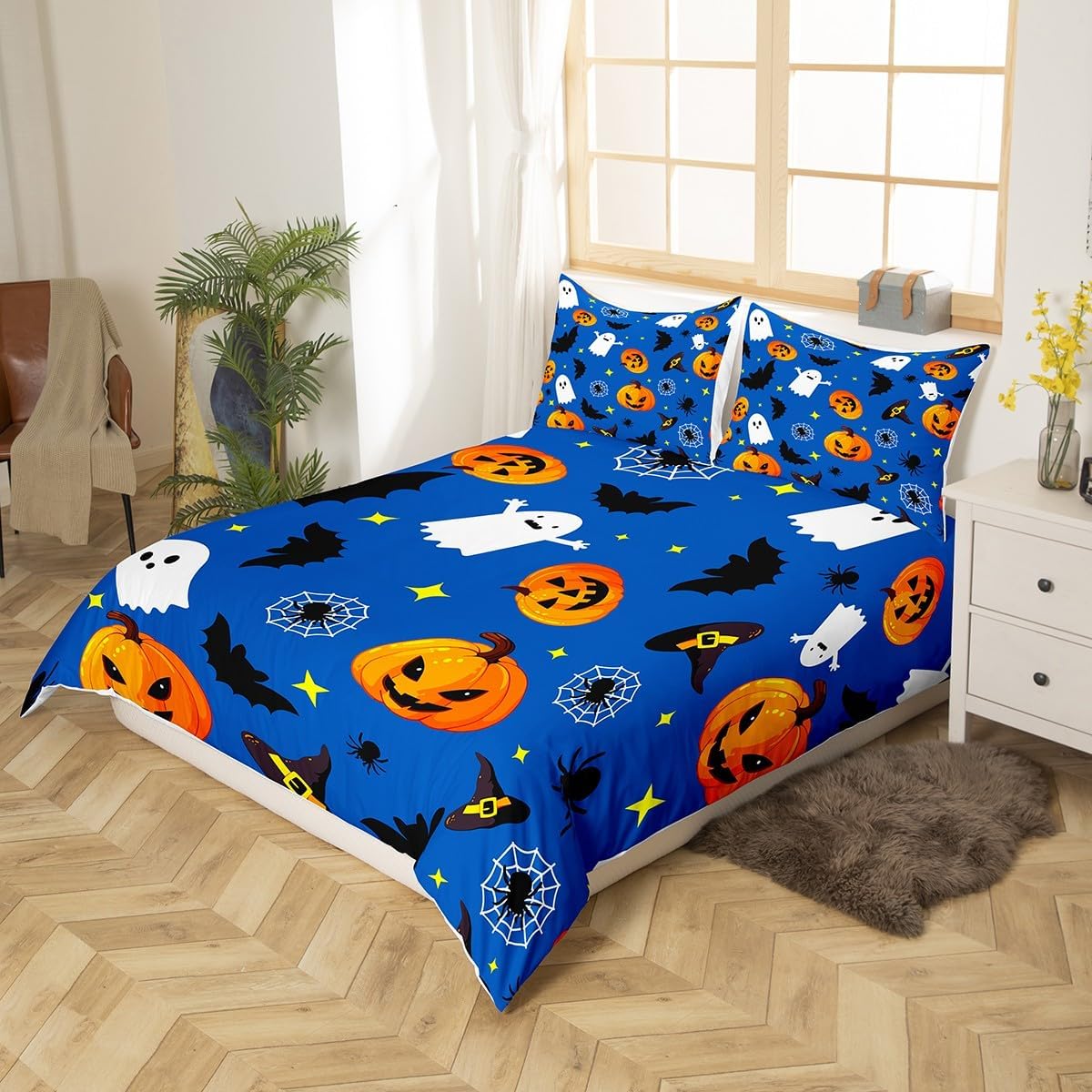 Manfei Juego de funda de edredón con diseño de calabaza, tamaño individual, funda de edredón con 1 funda de almohada, juego de ropa de cama de 2
