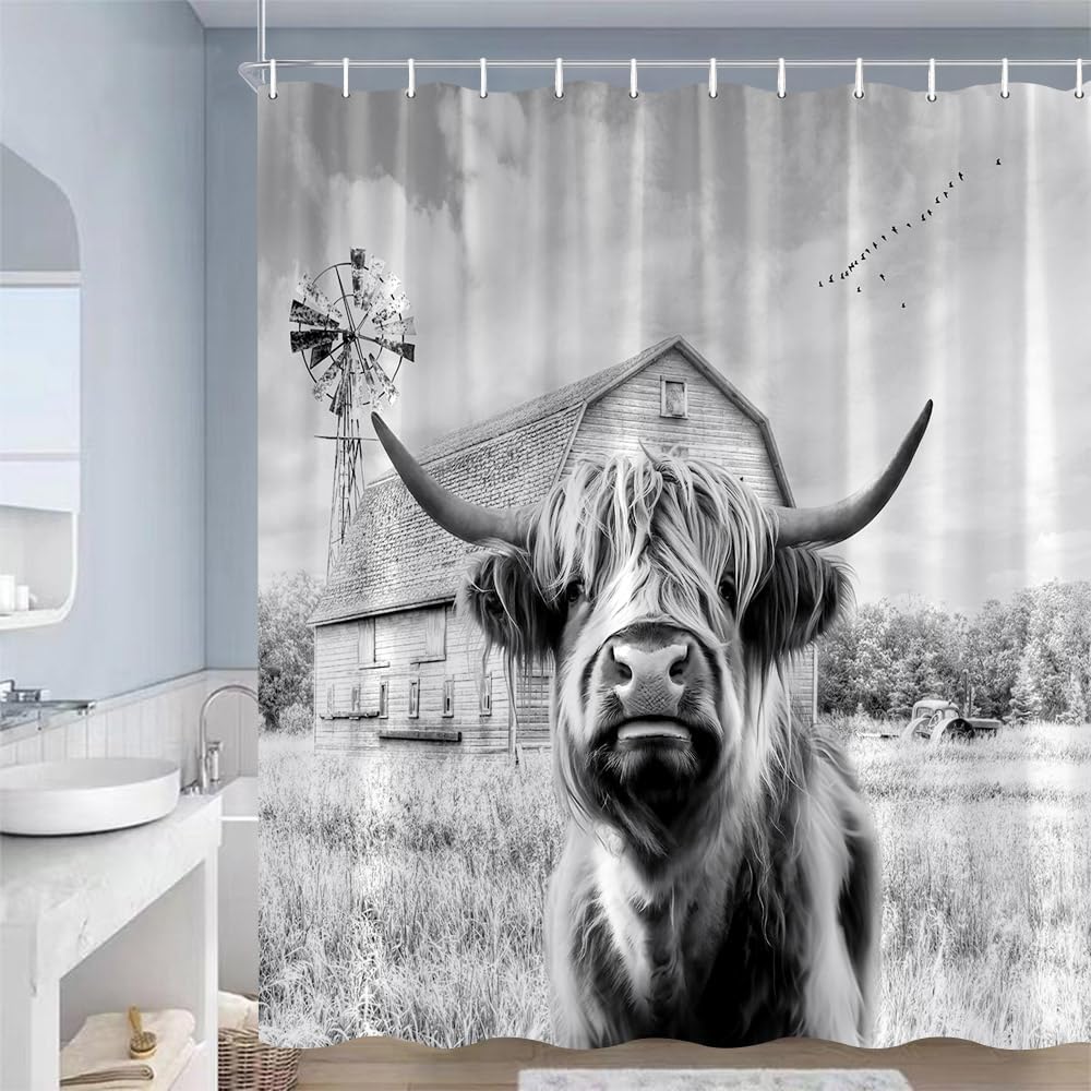 Highland Cow Western – Cortina de ducha rústica con diseño de animales de granja, molino de viento antiguo, vida silvestre, toro, granja, juego de