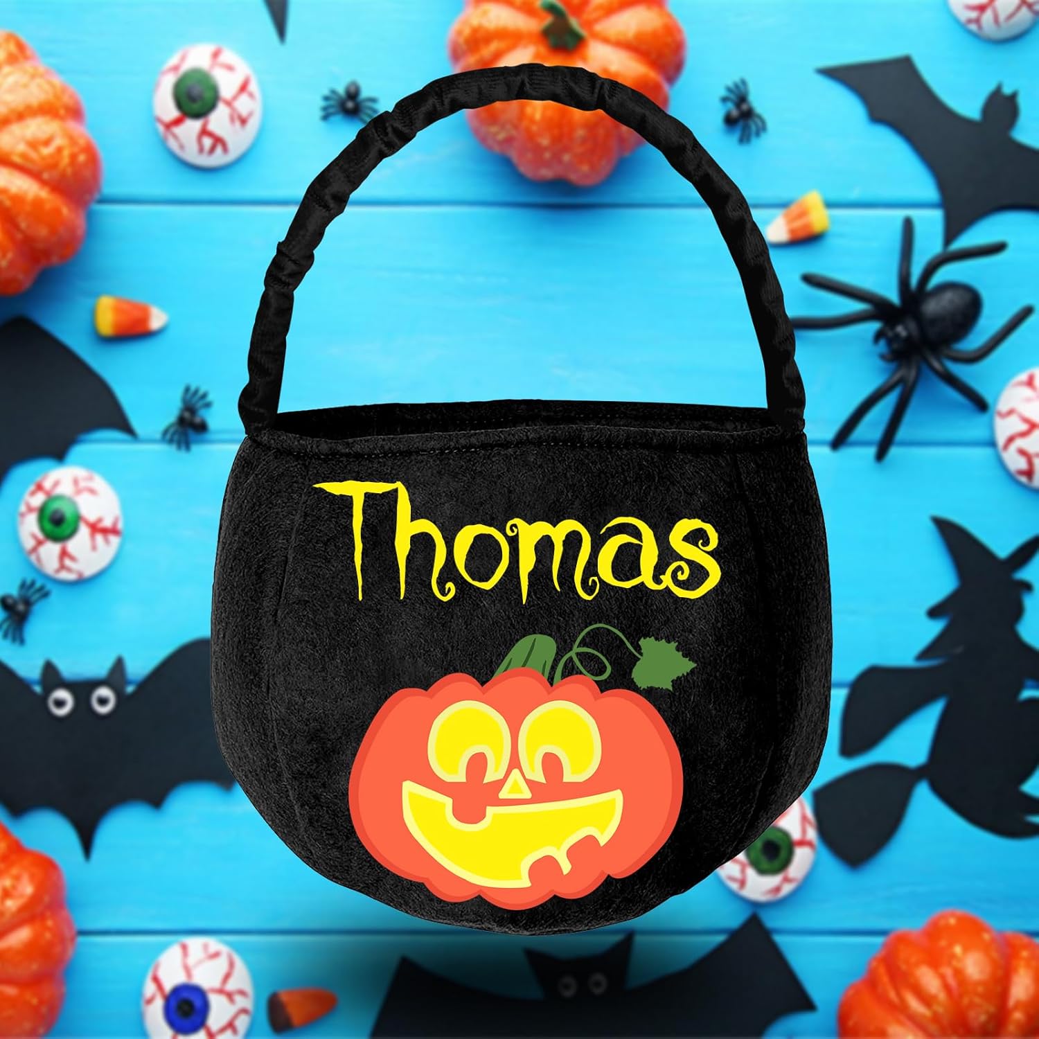 Bolsa de Halloween personalizada con nombre, 12 patrones impresos, bolsa de dulce o truco para niños, bolsa de fiesta de dulces personalizada para