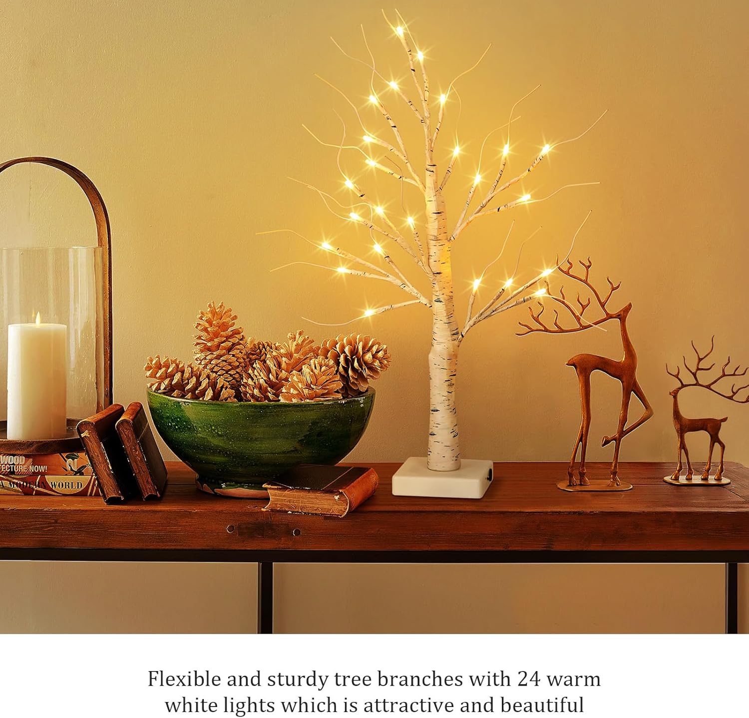 Árbol de abedul iluminado de 22.8 pulgadas para decoración de Navidad, árbol de Navidad artificial con 24 luces LED, lámpara de árbol de mesa con