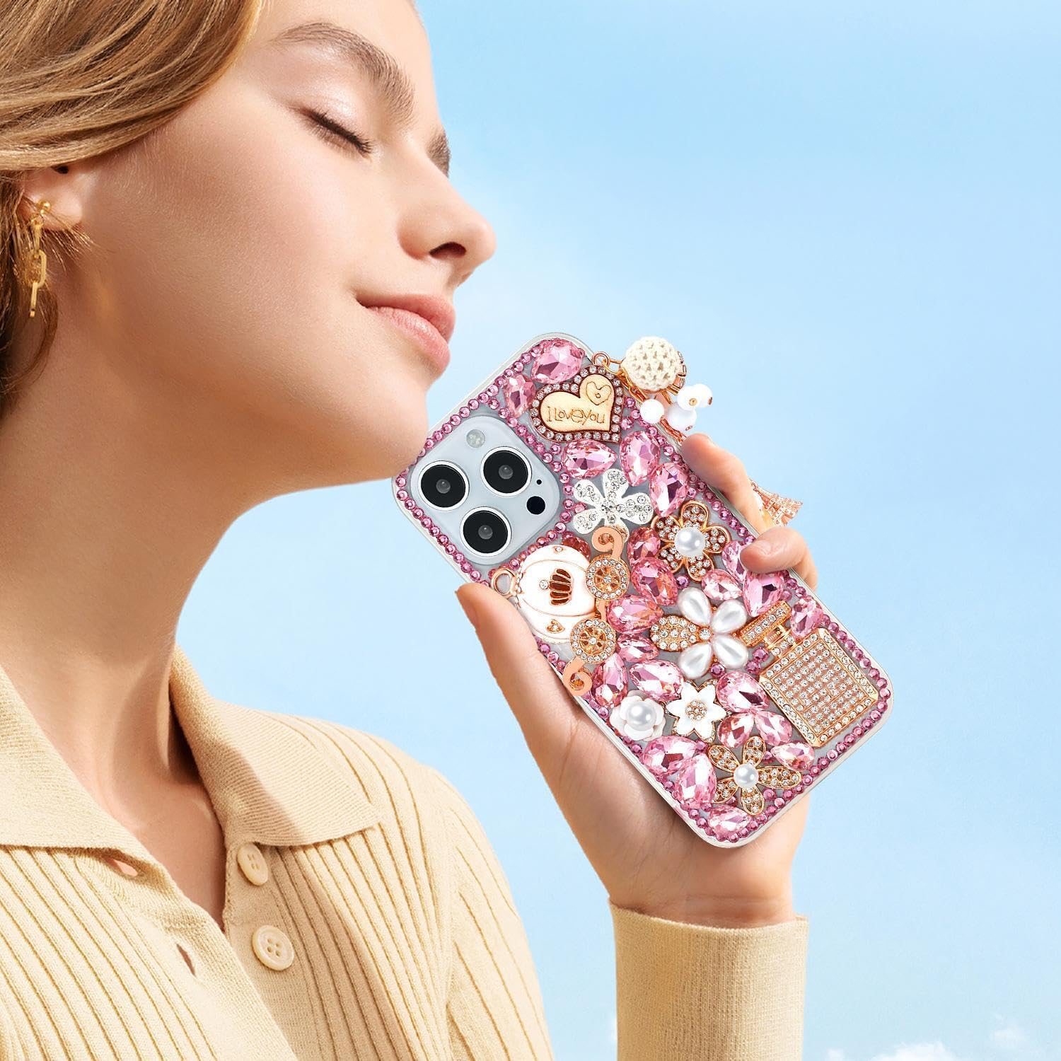 Threesee Funda para iPhone 15 Plus, con diamantes de imitación de lujo, para mujeres y niñas, niños, con colgante de calabaza para iPhone 15 Plus de