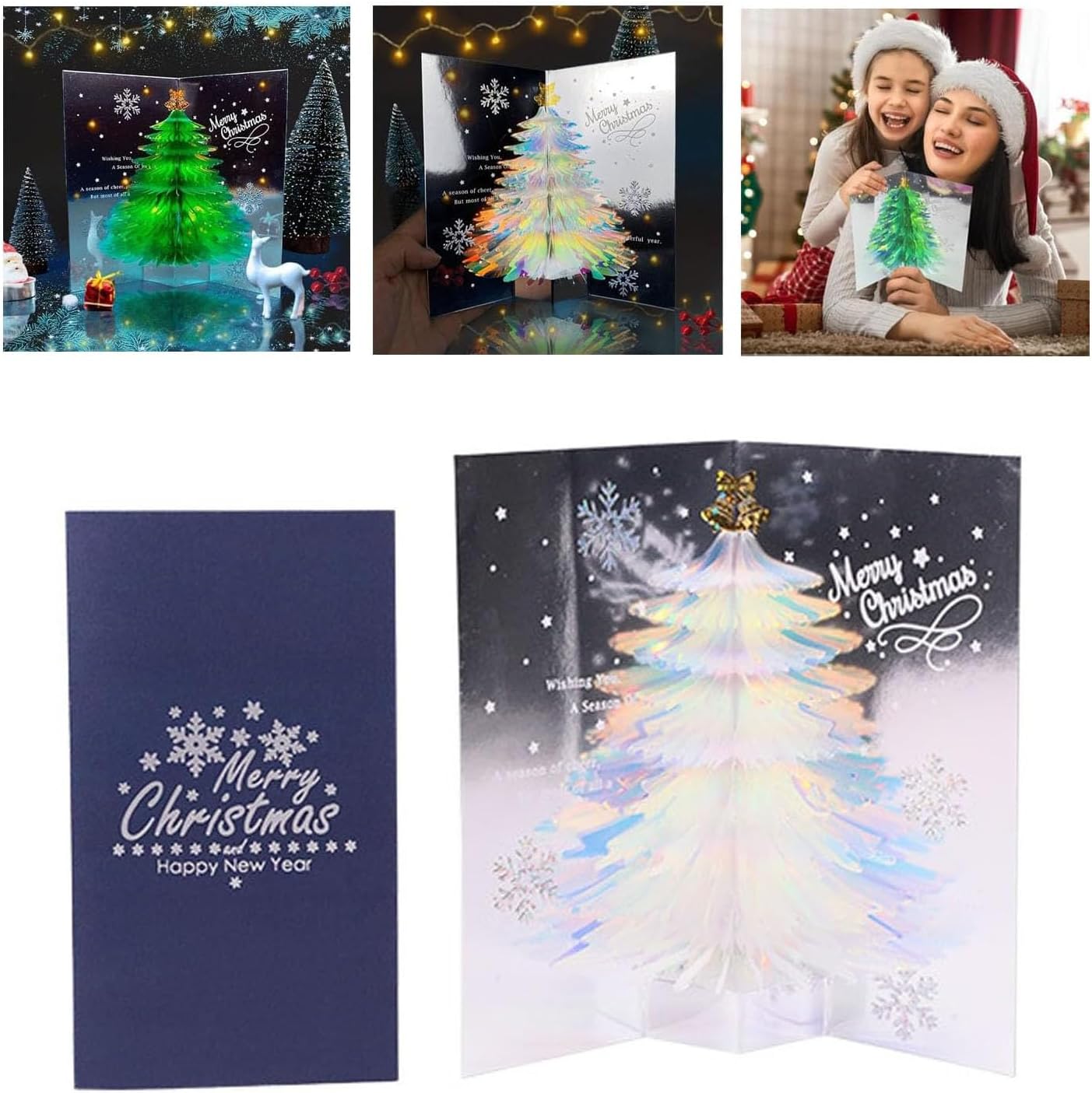 Tarjeta desplegable 3D única de árbol de Navidad  Sobre creativo de Navidad con purpurina 2024, tarjeta tridimensional, tarjeta de felicitación de