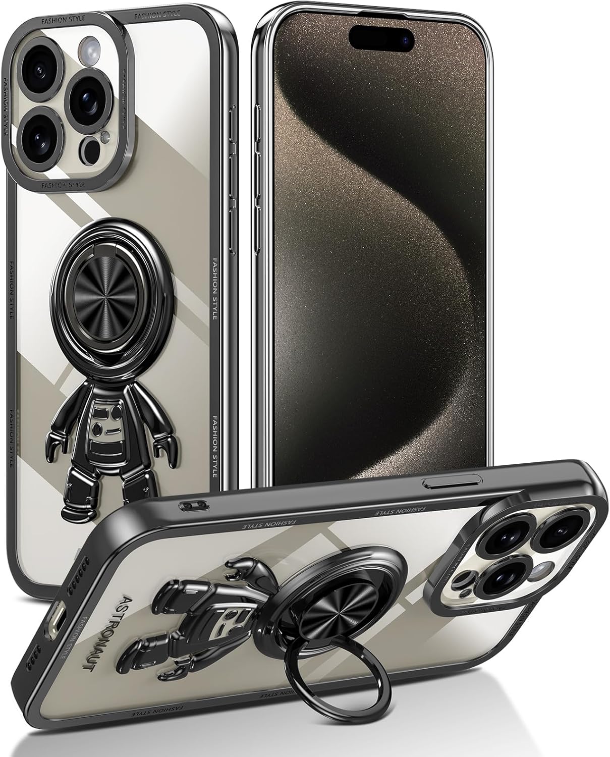 LONTECT Funda para iPhone 15 Pro, a prueba de golpes, protección de cuerpo completo, soporte de anillo de astronautas, delgada, transparente,
