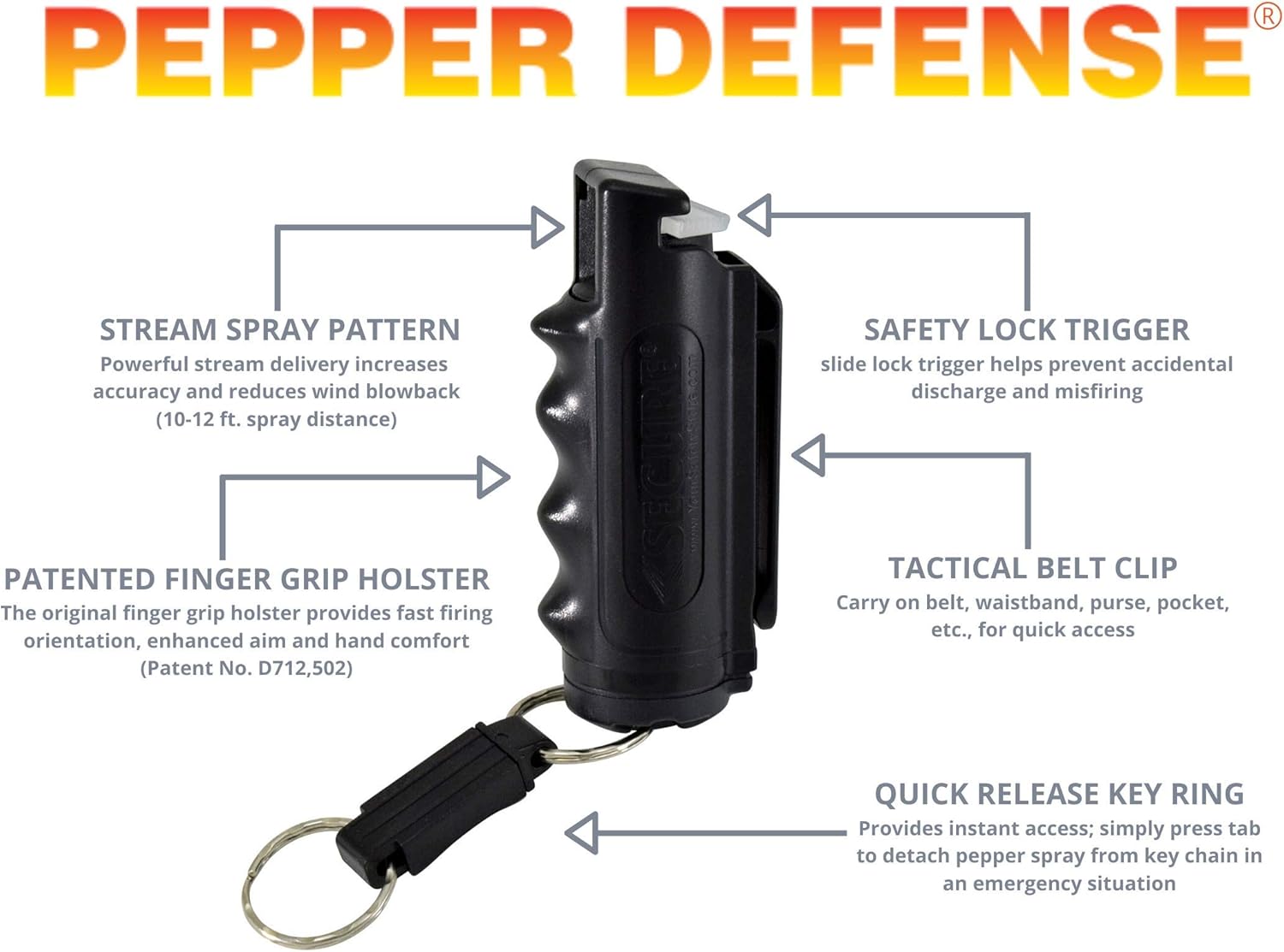Llavero de gas pimienta 4 en 1 con clip táctico para cinturón para autodefensa, fórmula de grado policial de máxima resistencia, 10% OC, 1% CS, 1%