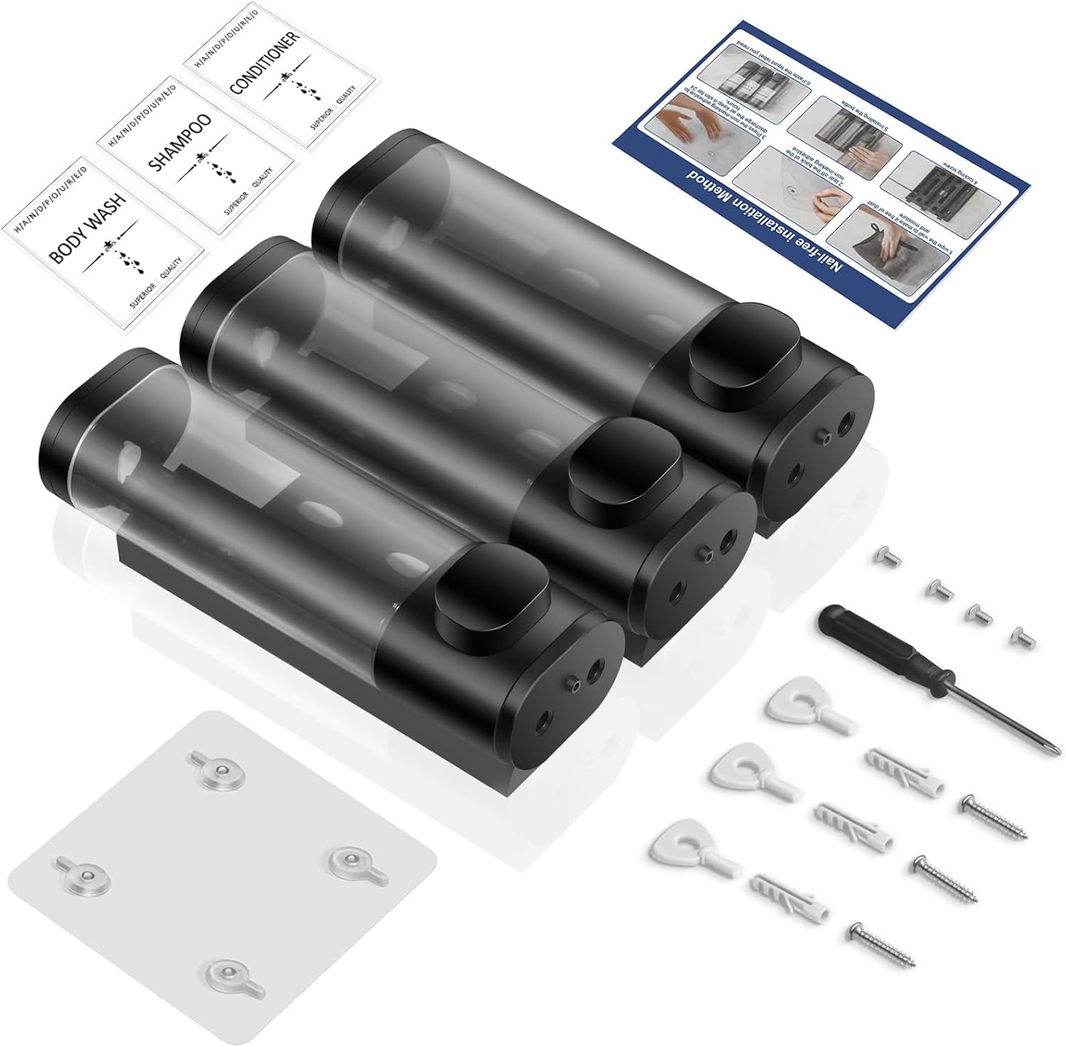 Shampoo and Conditioner Dispenser, Bathroom Shower Dispenser 3 Chamber No Drill Shampoo Dispenser, Perfect for Bathroom Wall, Kitchen Wall, Hotel