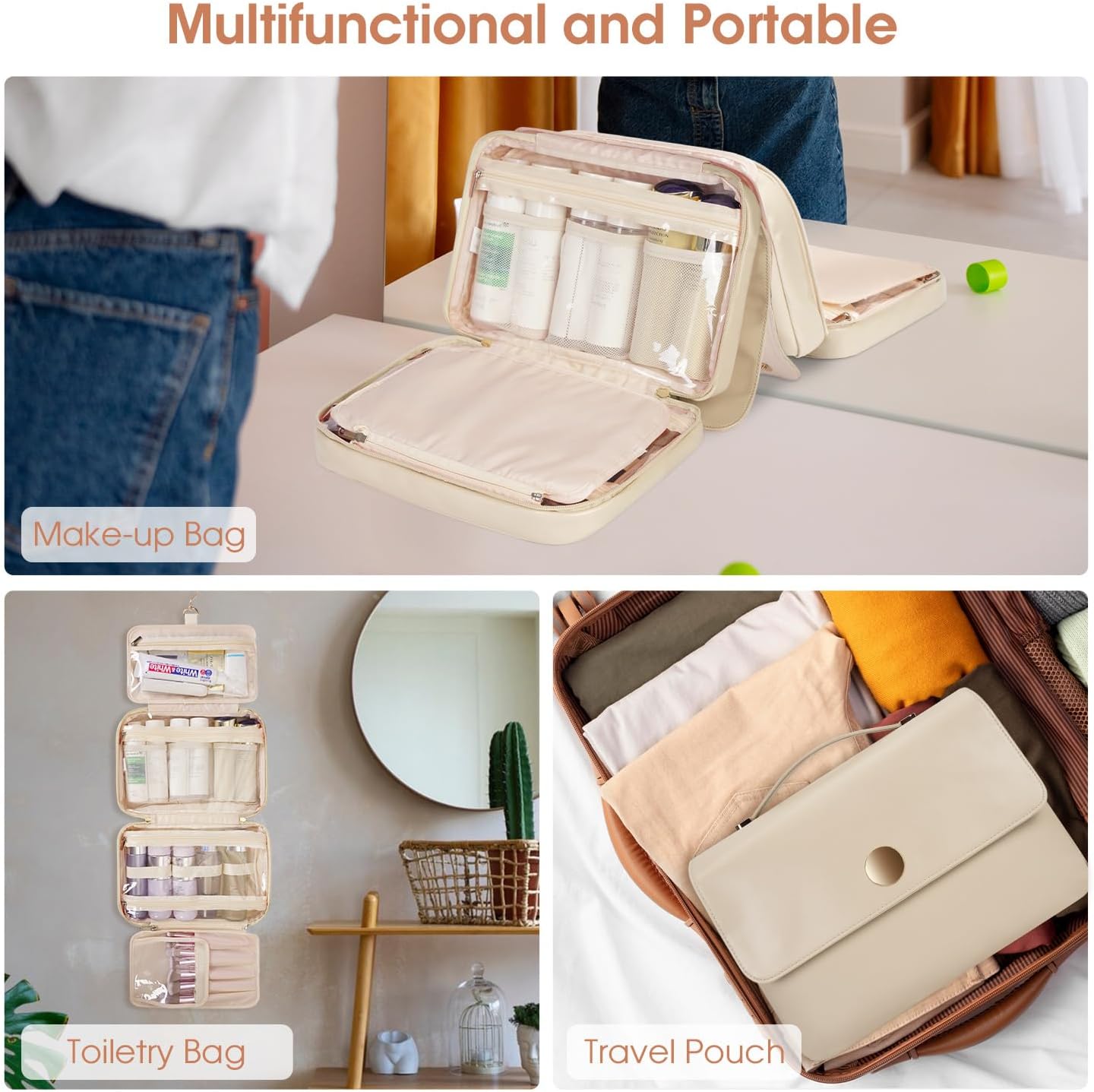 Neceser para mujer, organizador de maquillaje de viaje colgante con 4 compartimentos, piel sintética, impermeable, bolsa de cosméticos para