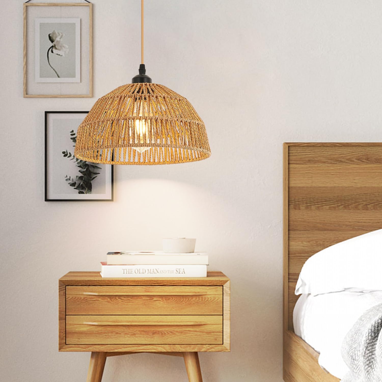 Worderdeng – Lámpara colgante de ratán enchufable, luces colgantes de 14.7 pies con estilo bohemio, lámpara colgante con pantalla de cuerda de