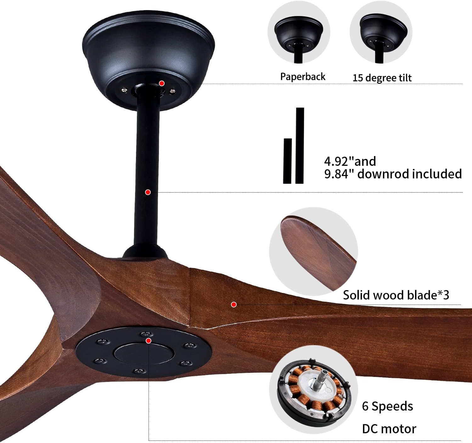 Ventilador de techo para exteriores de 60 pulgadas sin luz, motor CC de bajo consumo, 3 aspas de madera maciza, ventilador de techo de madera con