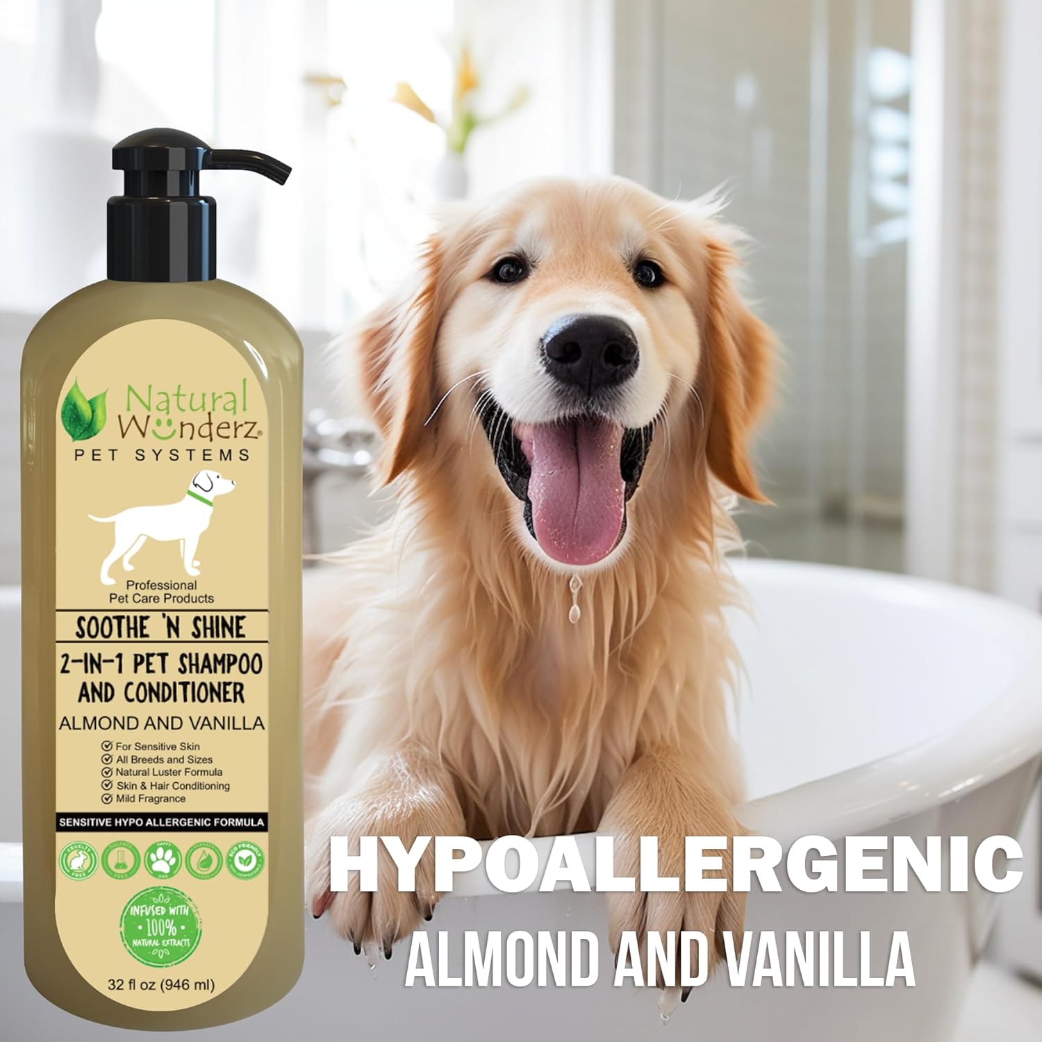 Soothe N’ Shine – Champú y acondicionador para mascotas, sin desprendimiento 2 en 1, almendra y vainilla, alivia la picazón y la piel seca,