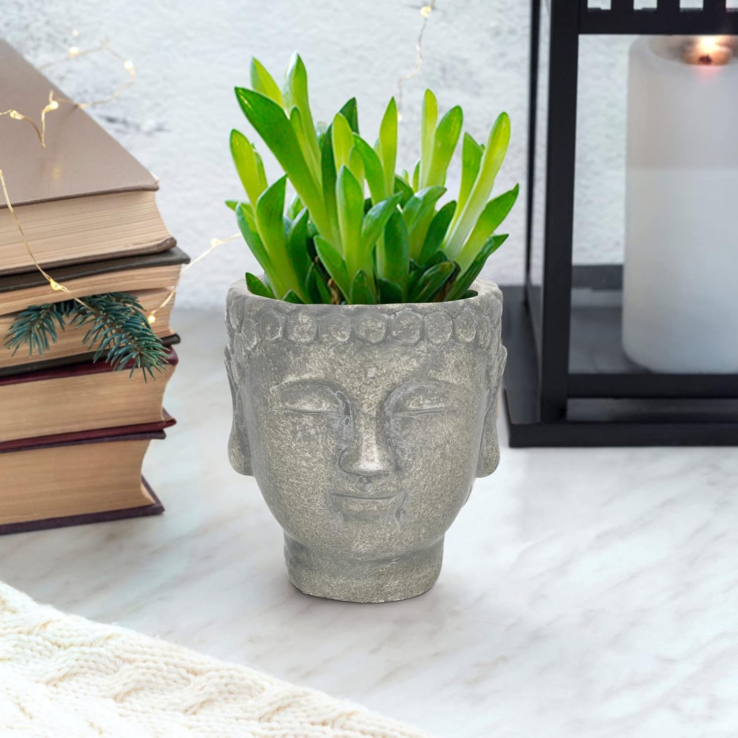 Maceta de Buda, cabeza de buda, estatua de jardín zen, maceta, escultura de budismo, regalos para el hogar, interior y exterior, verde oliva, 5.1 x