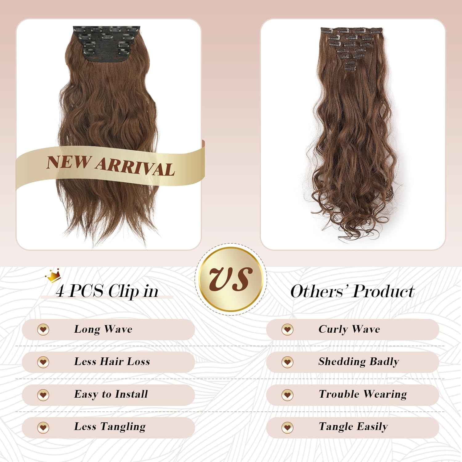 FESHFEN 4 extensiones de cabello con clip, extensiones de cabello sintético largo ondulado con clip, extensiones de cabello sintético de cabeza