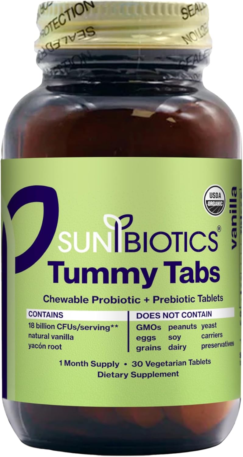 Sunbiotics Tummy Tabs – Probiótico de vainilla con prebióticos 18 mil millones de UFC, 4 cepas probióticas, suplemento probiótico diario, sin OMG,