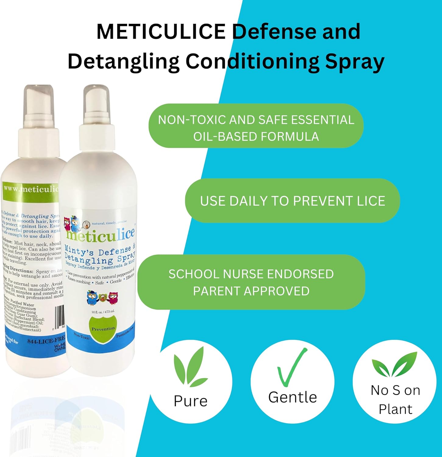 Repelente de piojos de cabeza Meticulice, defensa de prevención, acondicionador desenredante en aerosol., 16 onzas