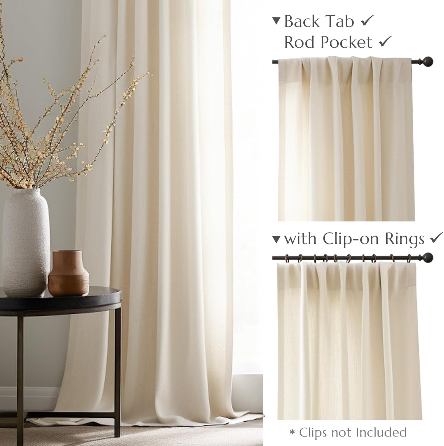 jinchan Cortinas de lino suave, cortinas beige de 96 pulgadas de largo, cortinas de granja filtrantes de luz crema para sala de estar, dormitorio,
