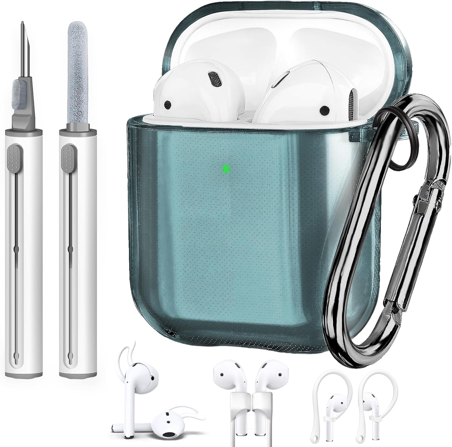 Funda para AirPods de 2 generación y 1 generación con kit de limpieza, correa antipérdida, cordón deportivo y cubierta de ganchos para las orejas (2