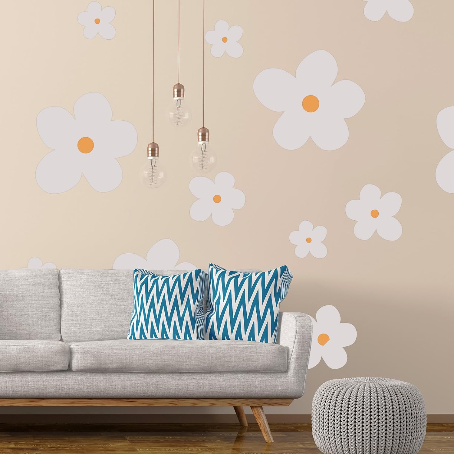 Whaline 28 calcomanías de pared de margaritas grandes, diseño de margaritas boho, beige, despegar y pegar, decoración de pared floral, vinilo para