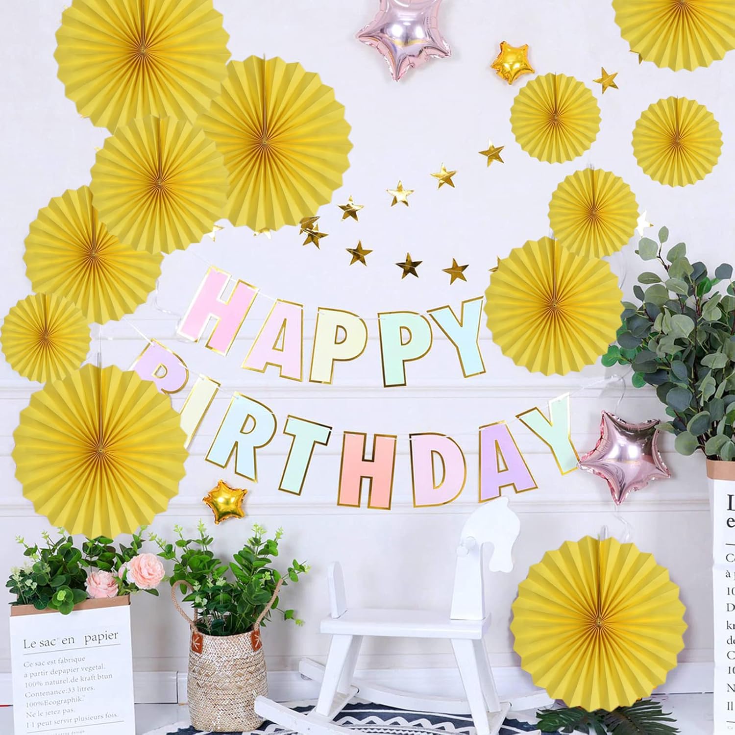 Juego de 12 abanicos de papel para colgar en fiestas amarillas, juego de 12 abanicos de papel para colgar abanicos de papel, manualidades para