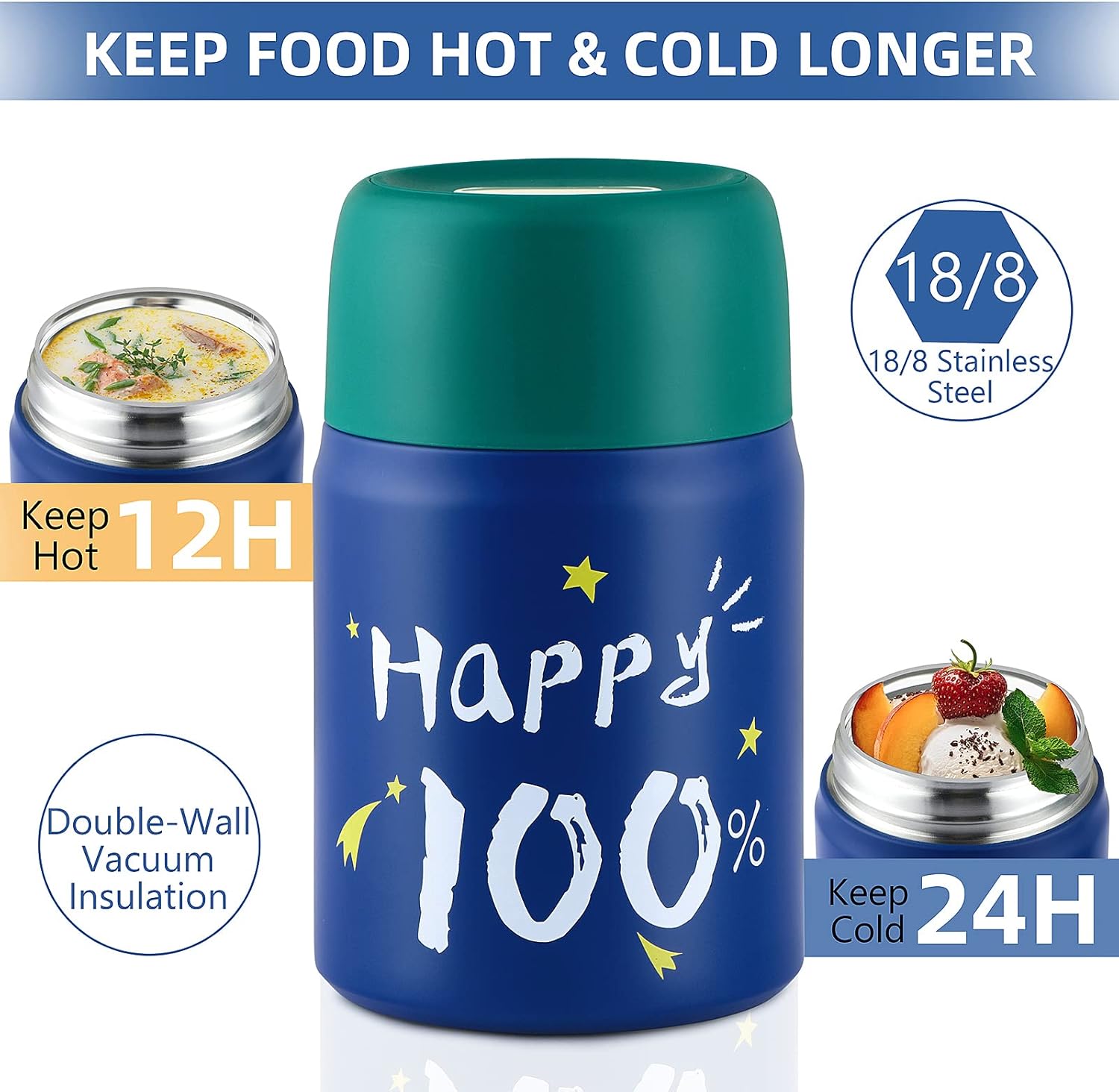 Termo para alimentos calientes y fríos, tarro de alimentos aislado de 28 onzas con cuchara y tenedor plegables, termo de doble pared portátil para