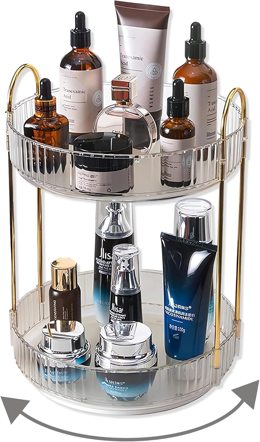Asayuee Organizador de maquillaje giratorio de 360 grados, 2 niveles de gran capacidad, organizadores de maquillaje y almacenamiento, organizadores