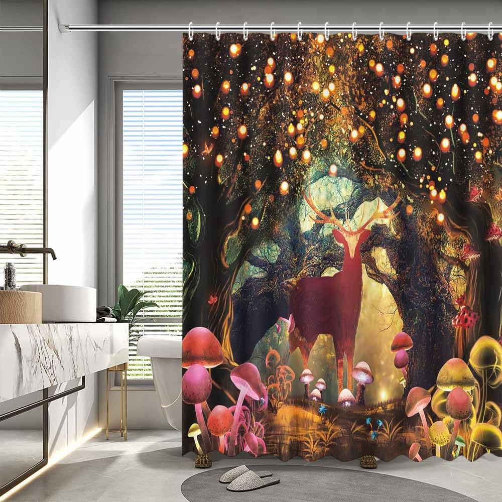 MEHOFOND Cortina de ducha de cuento de hadas del bosque, 72 x 72 pulgadas, cortina de ducha impermeable con 12 ganchos y hongos del bosque, plantas