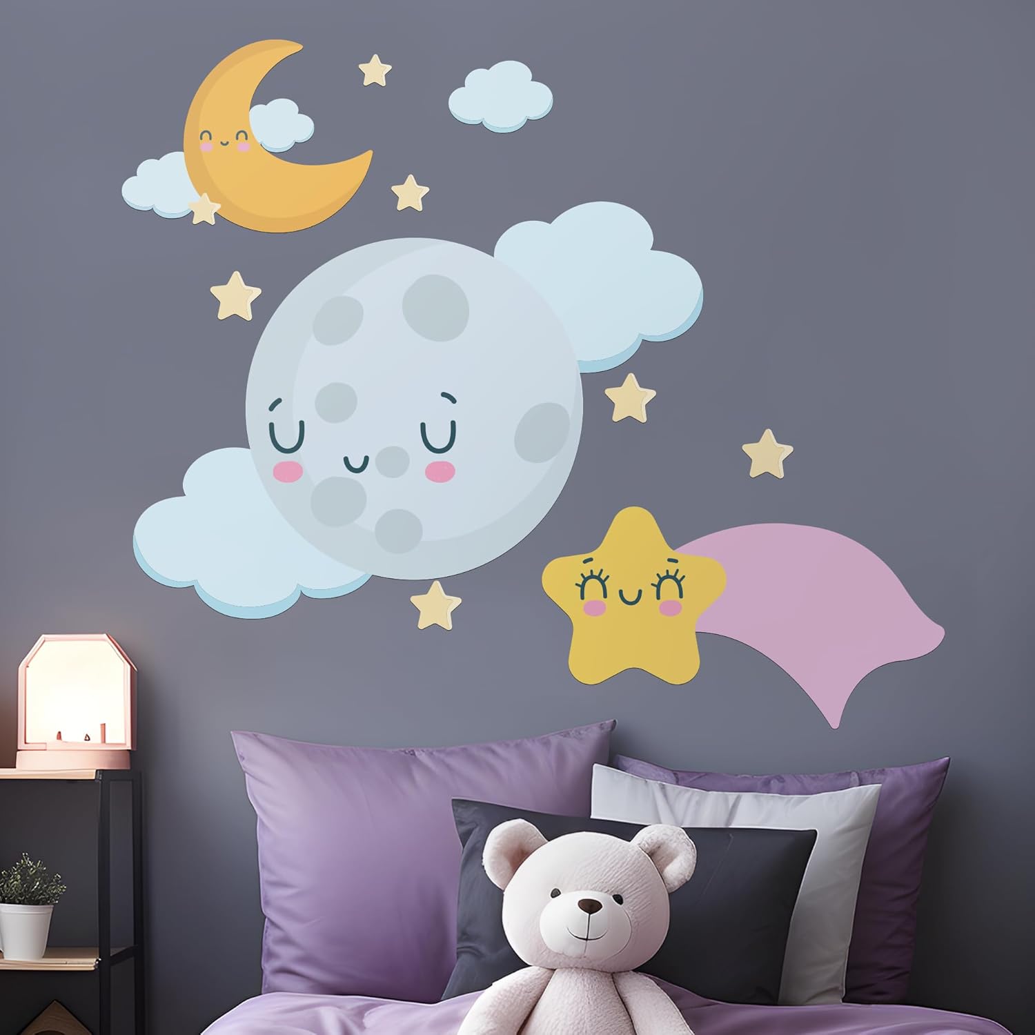 EGD Calcomanía de pared de luna y estrellas para decoración de dormitorio, decoración de habitación I Moon, calcomanías I Moon I Smiley Face Decor I