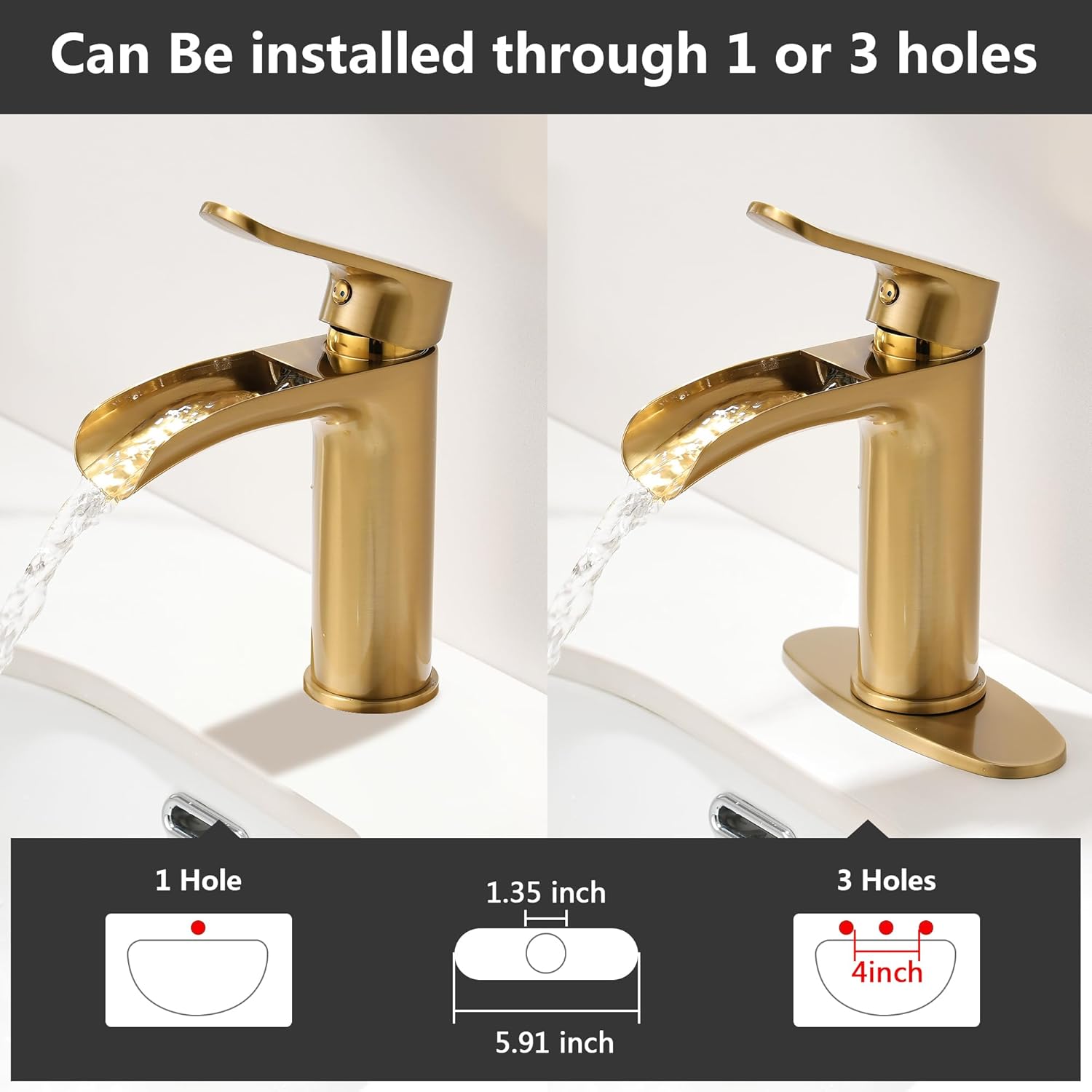 BRAVEBAR Grifo de baño de cascada dorada, grifos de baño de un solo orificio de latón macizo moderno de una sola manija para 1 agujero con placa de