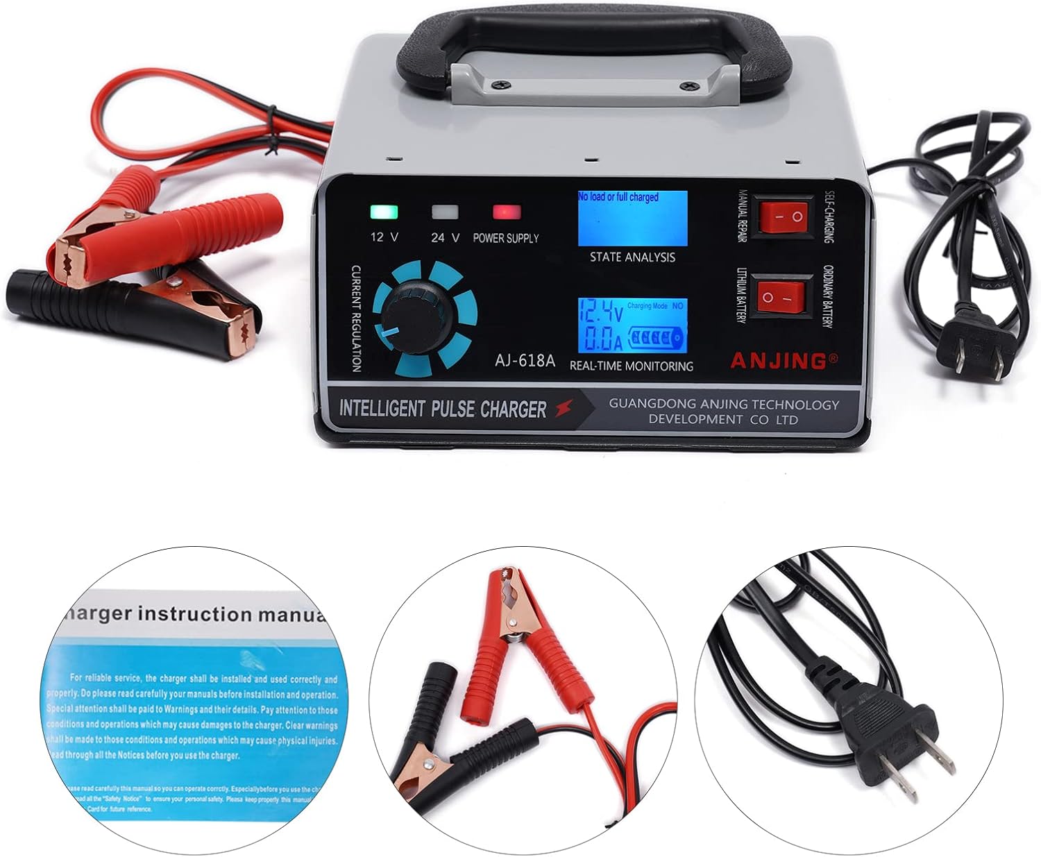 Cargador de batería de coche, cargador de batería de plomo y litio de 12 V24 V con pantalla LCD, mantenimiento de batería inteligente carga de goteo