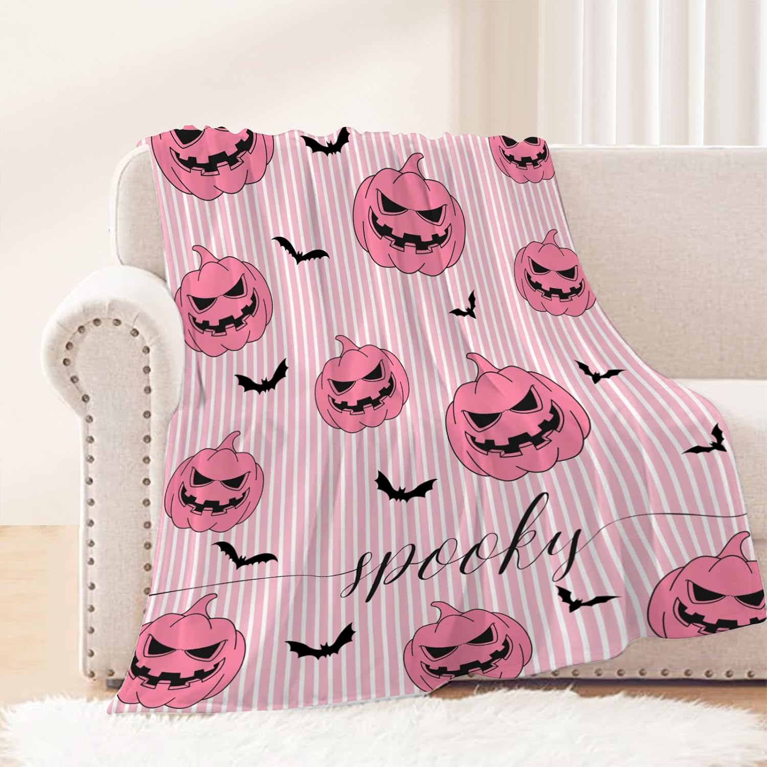 Neatee Living Manta de Halloween con diseño de calabazas espeluznantes, color rosa, bonita, ligera, mullida, acogedora, suave, manta de forro polar