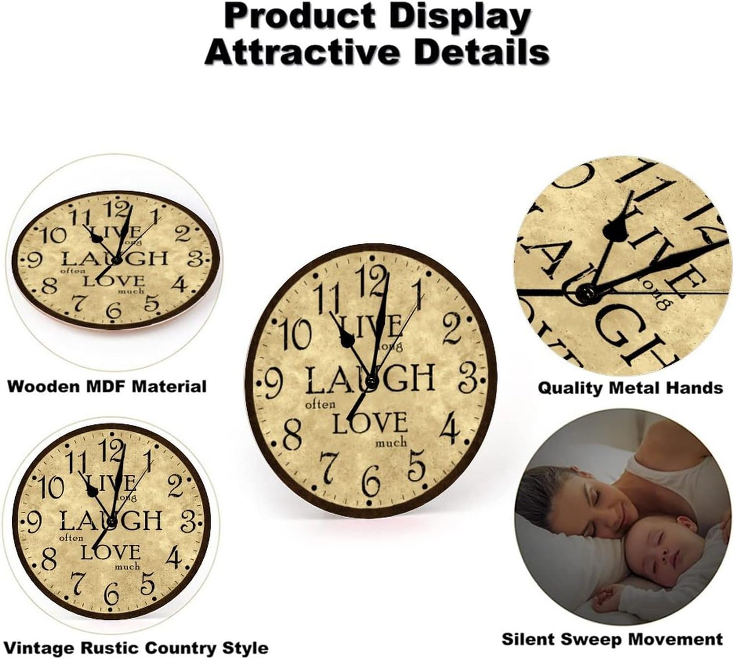 Relojes de pared con pilas, reloj rústico de madera marrón, reloj retro para decoración de cocina, reloj de pared sin tictac, decorativo, fácil de