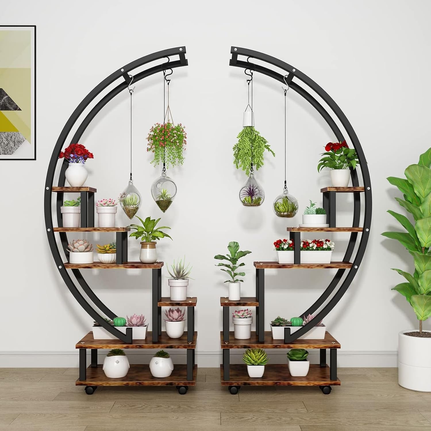 Soporte redondo para plantas, estante de exhibición de 5 niveles para interiores y exteriores con ruedas desmontables, soporte para plantas de