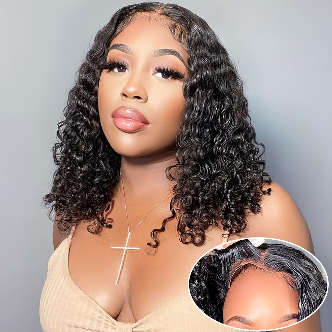 Xinjiju Peluca sin pegamento, pelucas cortas y rizadas estilo Bob para mujeres negras, cabello humano sin pegamento, 6 x 4, sin pegamento, peluca