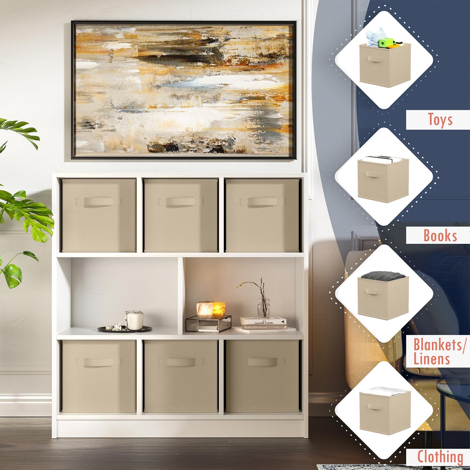 Ornavo Home Kallax – Caja de almacenamiento plegable plegable con asas dobles, juego de 6 unidades, 13 x 15 x 13 pulgadas, color beige
