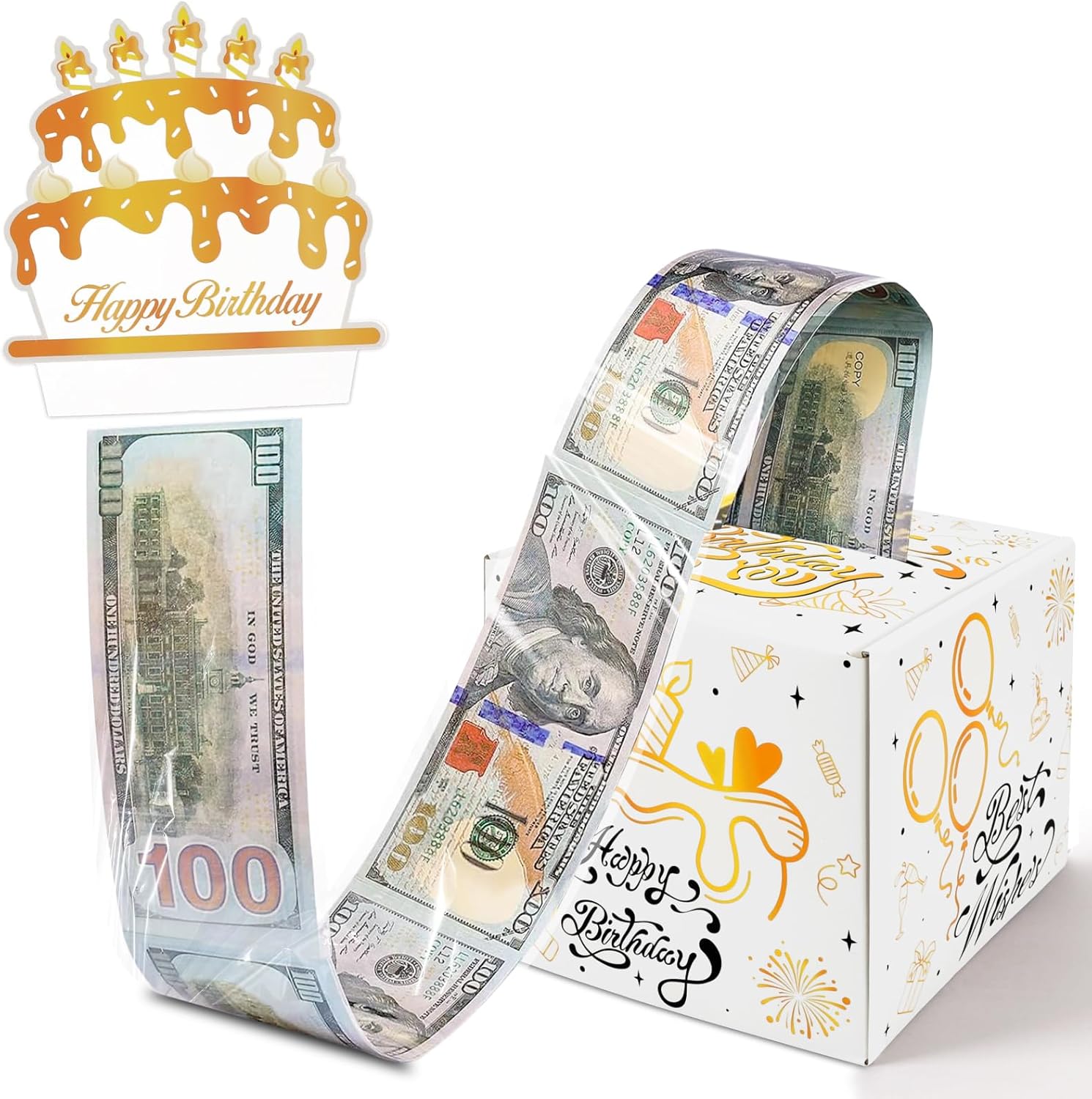 Konsait Caja de dinero de cumpleaños, caja de dinero sorpresa de feliz cumpleaños, caja de dinero blanca y dorada para regalo en efectivo, caja de