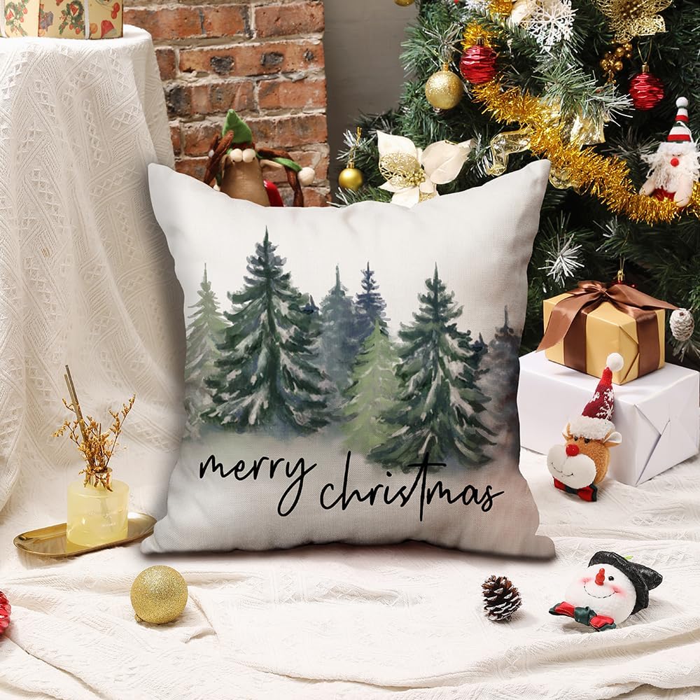 DFXSZ Juego de 2 fundas de almohada de Navidad de 16 x 16 pulgadas con acuarela, color azul, verde, árbol de Navidad, decorativas, blancas,
