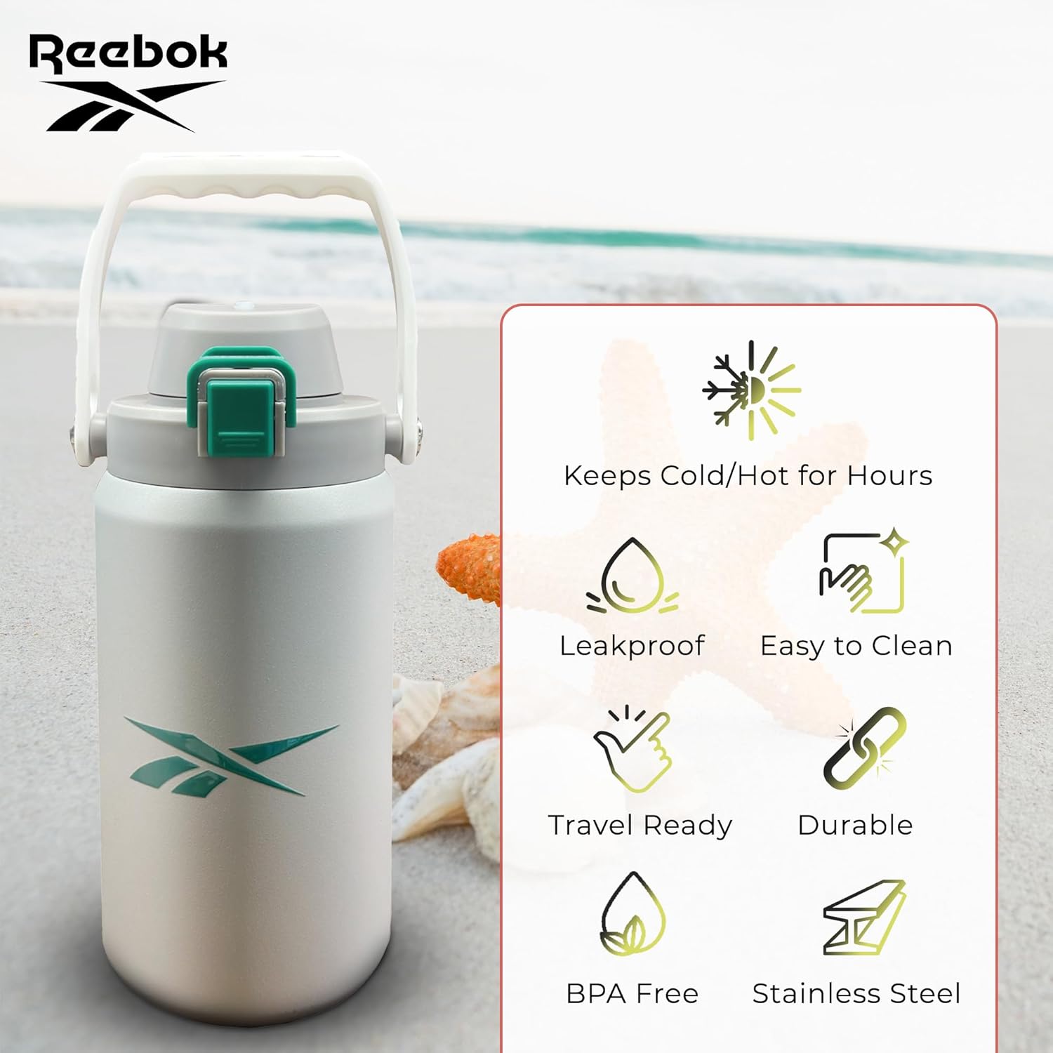 Reebok Botella de agua de acero inoxidable para acampar, botella de agua aislada de 32 onzas, botella de agua de campamento aislada al vacío de