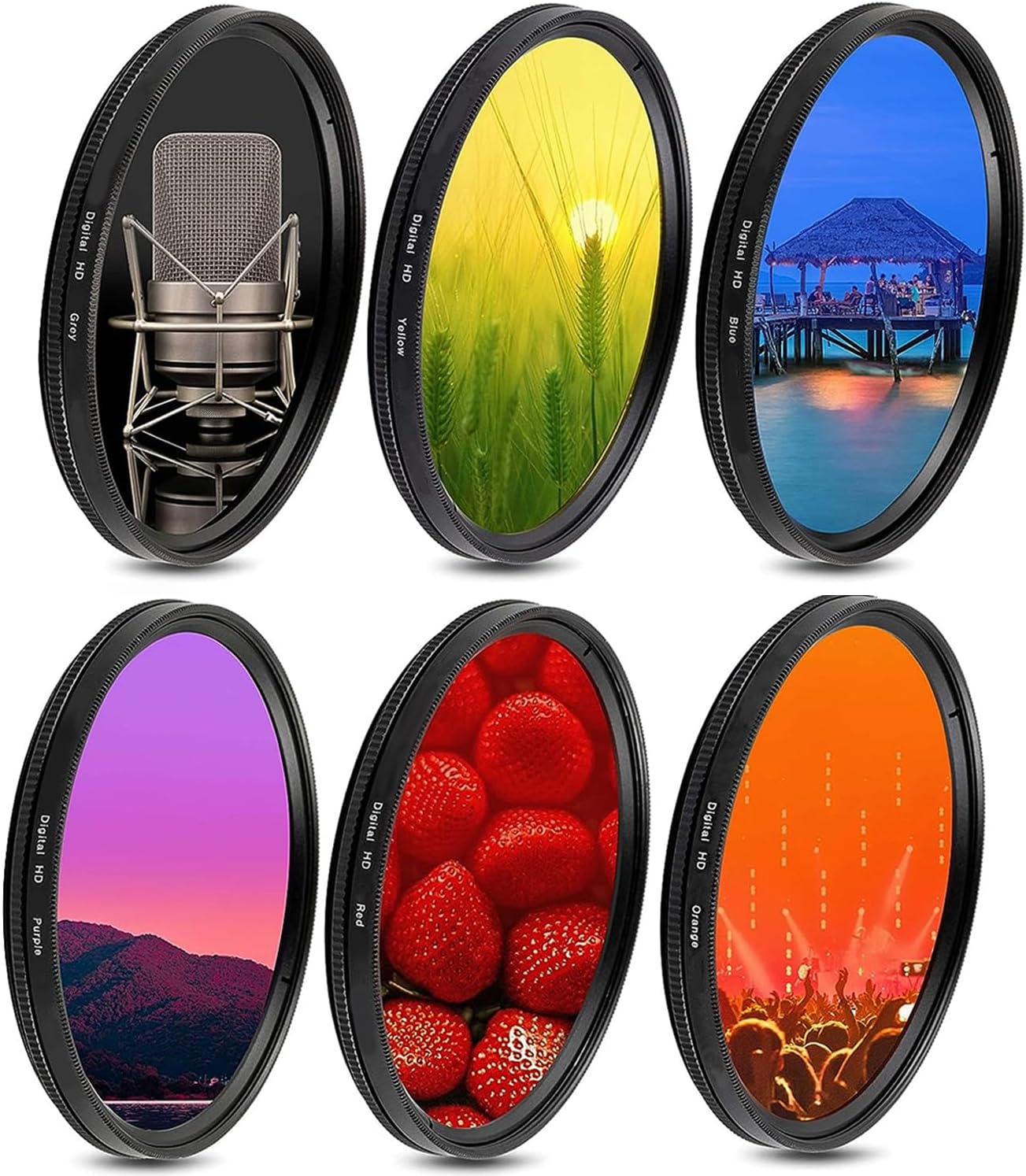 Acuvar Juego de 6 filtros de lente de color graduado completo de 2.283 in con colores naranja, amarillo, azul, morado, rojo, gris con estuche de