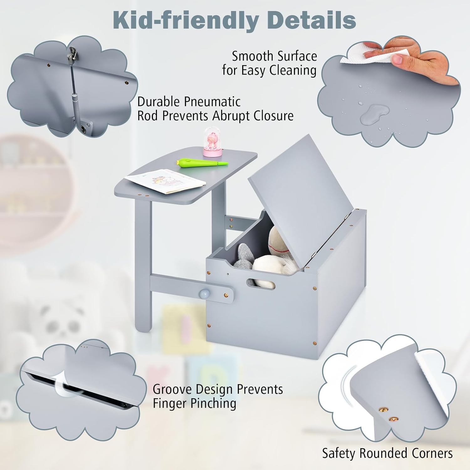 Costzon Juego de mesa y silla para niños, banco de almacenamiento de juguetes convertible con asa integrada para jardín de infantes, preescolar,