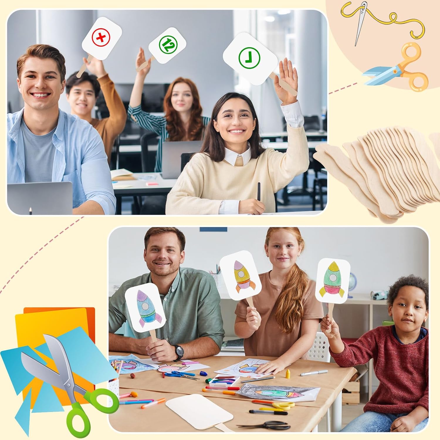TaoBary Abanicos de papel para bricolaje, juego de abanicos de iglesia, mango de abanico, palos de madera ondulados con cinta de cartulina blanca en