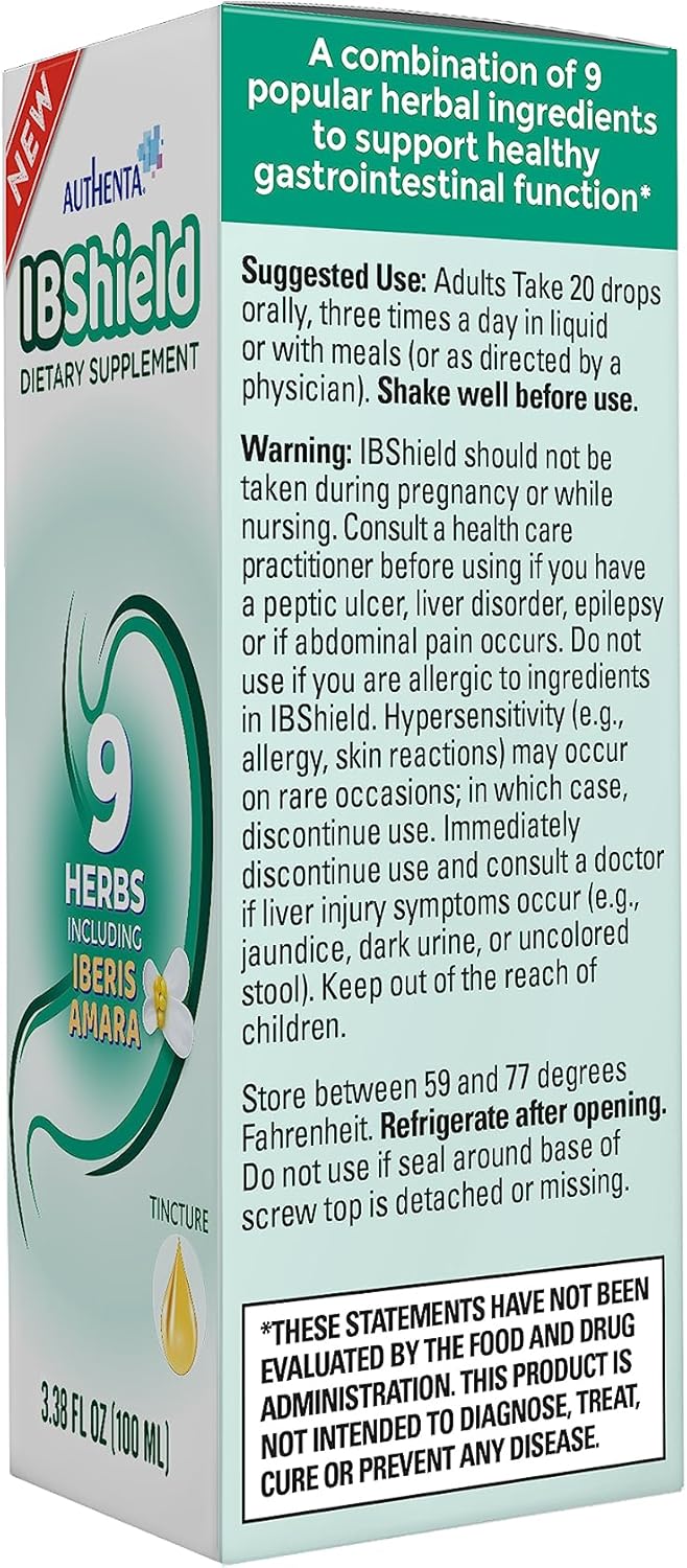 IBShield Tintura 3.4 fl oz  Apoya la función gastrointestinal saludable  Mezcla de 9 hierbas  Manzanilla, Iberis Amara, Angélica, alcaravea,