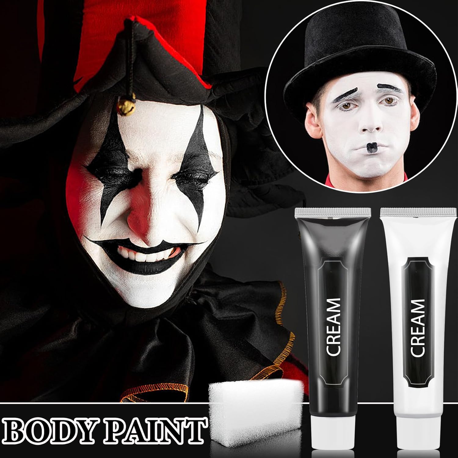 2 piezas de pintura facial blanca y negra con esponja, kit de maquillaje de pintura facial de Halloween para adultos, kit de paleta de pintura