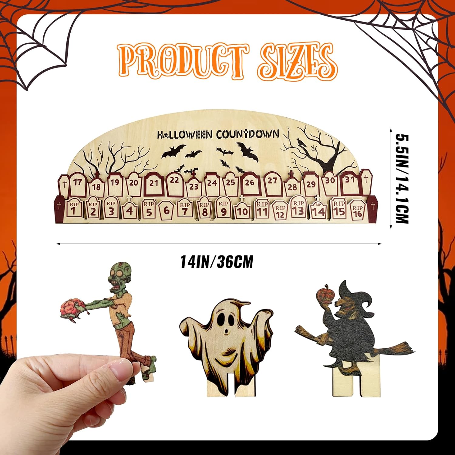 AOCEAN Calendario de Adviento de Halloween 2023 con bloques móviles de madera, calendario de cuenta regresiva para divertidas decoraciones de