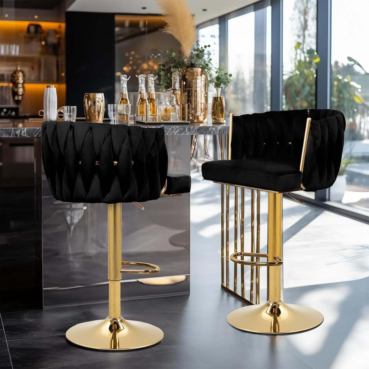 Polar Aurora Taburetes de bar con respaldo tejido de terciopelo giratorio de 360 de altura ajustable sillas de comedor tapizadas con patas de metal