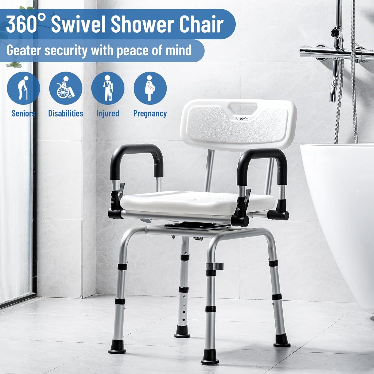 Ameierlive – Silla de ducha con reposabrazos y respaldo para ducha interior, asientos de baño con rotación de 360 para ancianos, discapacitados,