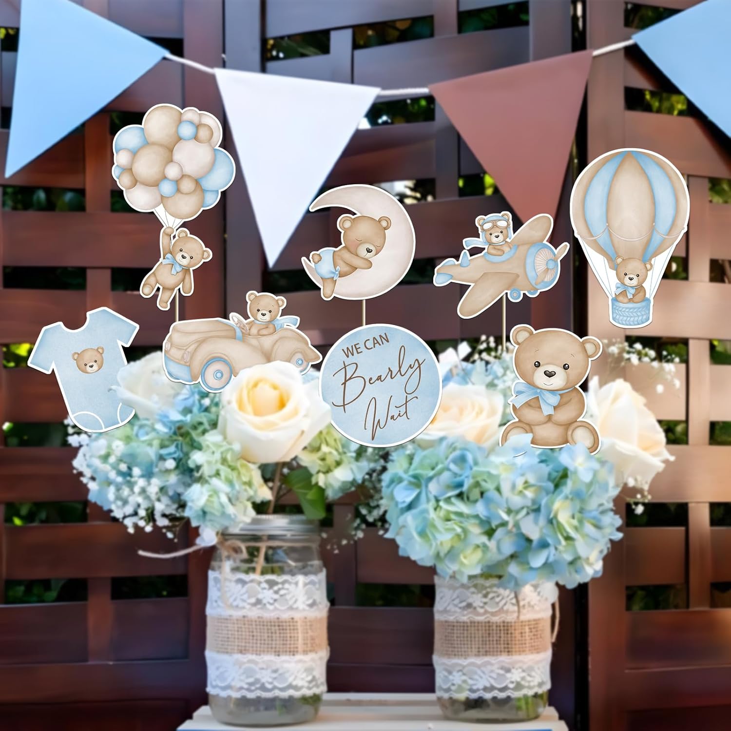 16 centros de mesa azules con texto en inglés We Can Bearly Wait para decoración de baby shower, centros de mesa de oso para baby shower para niños,