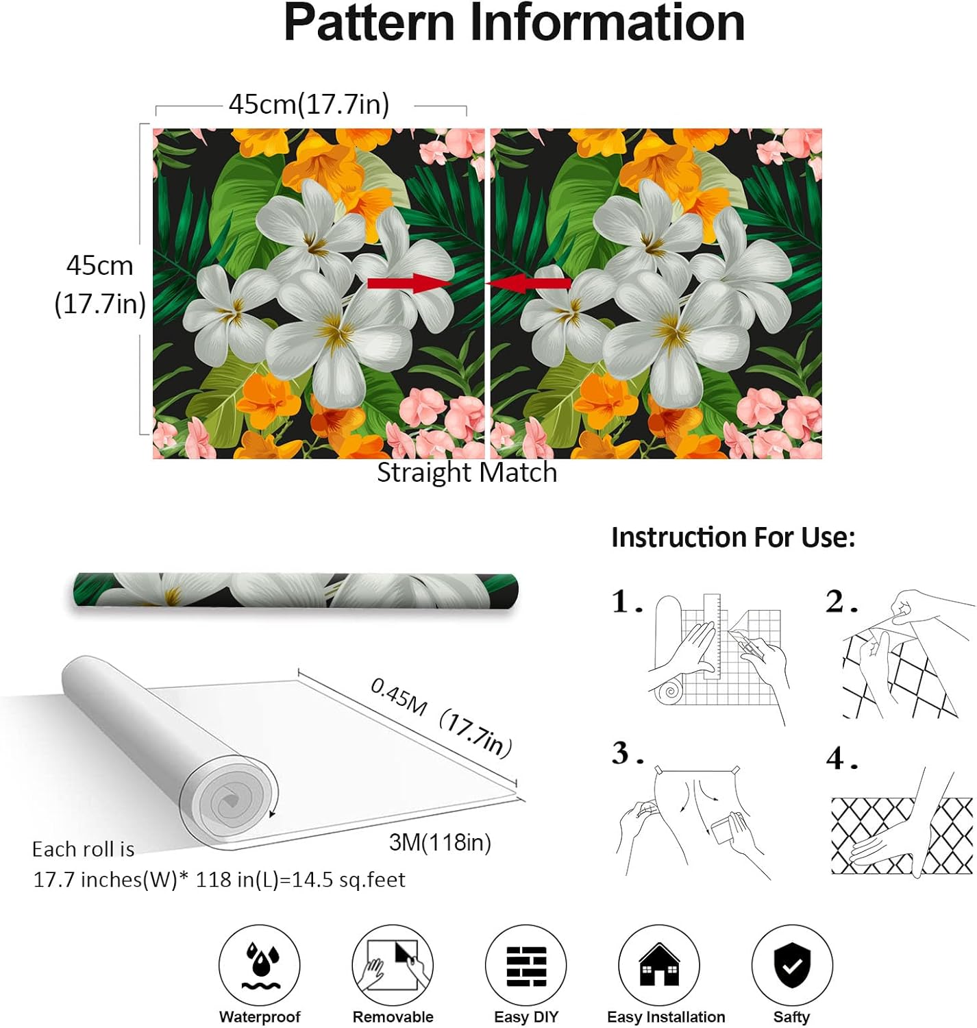 SinFung Home Papel tapiz floral para despegar y pegar de 17.7 x 118 pulgadas, papel tapiz floral de hojas tropicales, autoadhesivo, extraíble, papel