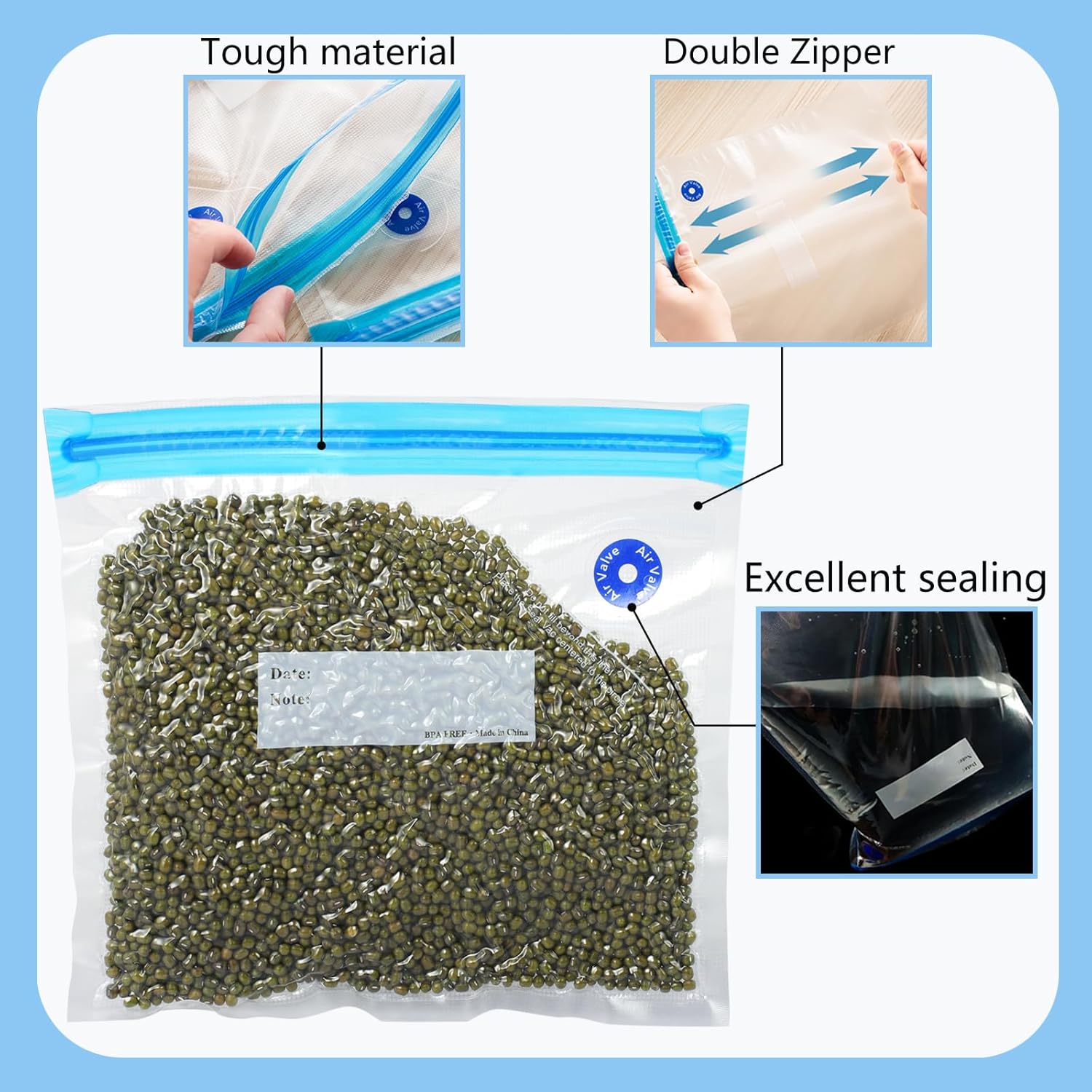 30PCS Sous Vide Bags Kit – 18 Reusable Vacuum Zipper Bags, 6 Sealing Clips, 1 Hand Pump and 5 Air Valve for Vacuum Sealer and Food Storage, Sous