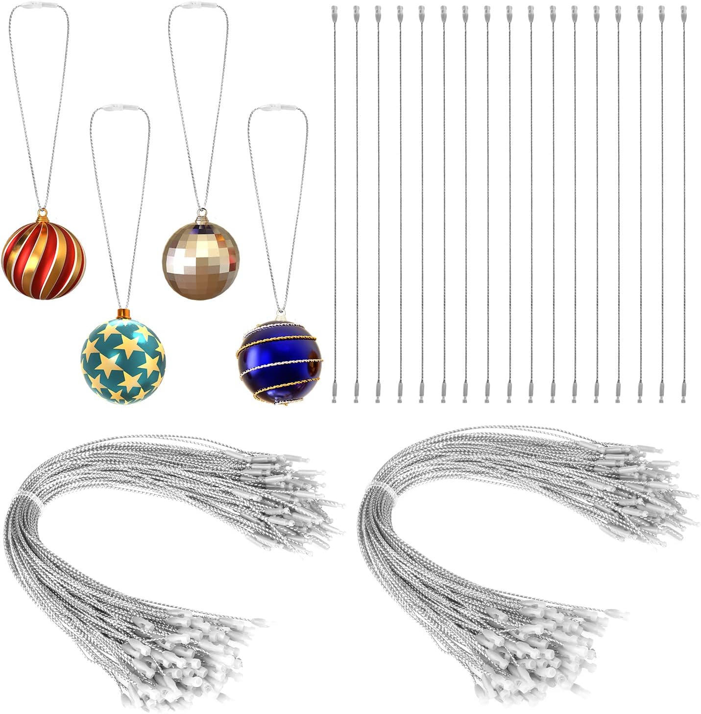 200 cuerdas para colgar adornos navideños, cinta metálica de 8 pulgadas para colgar adornos con cierre a presión, cordón a presión para decoración