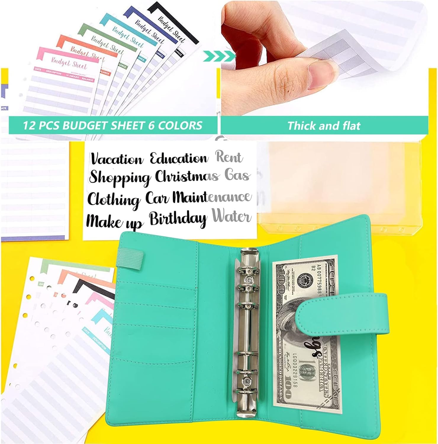 Carpeta de piel sintética para planificar presupuestos A6 de 6 colores con sobres de efectivo con cremallera y hojas de presupuesto de gastos, libro