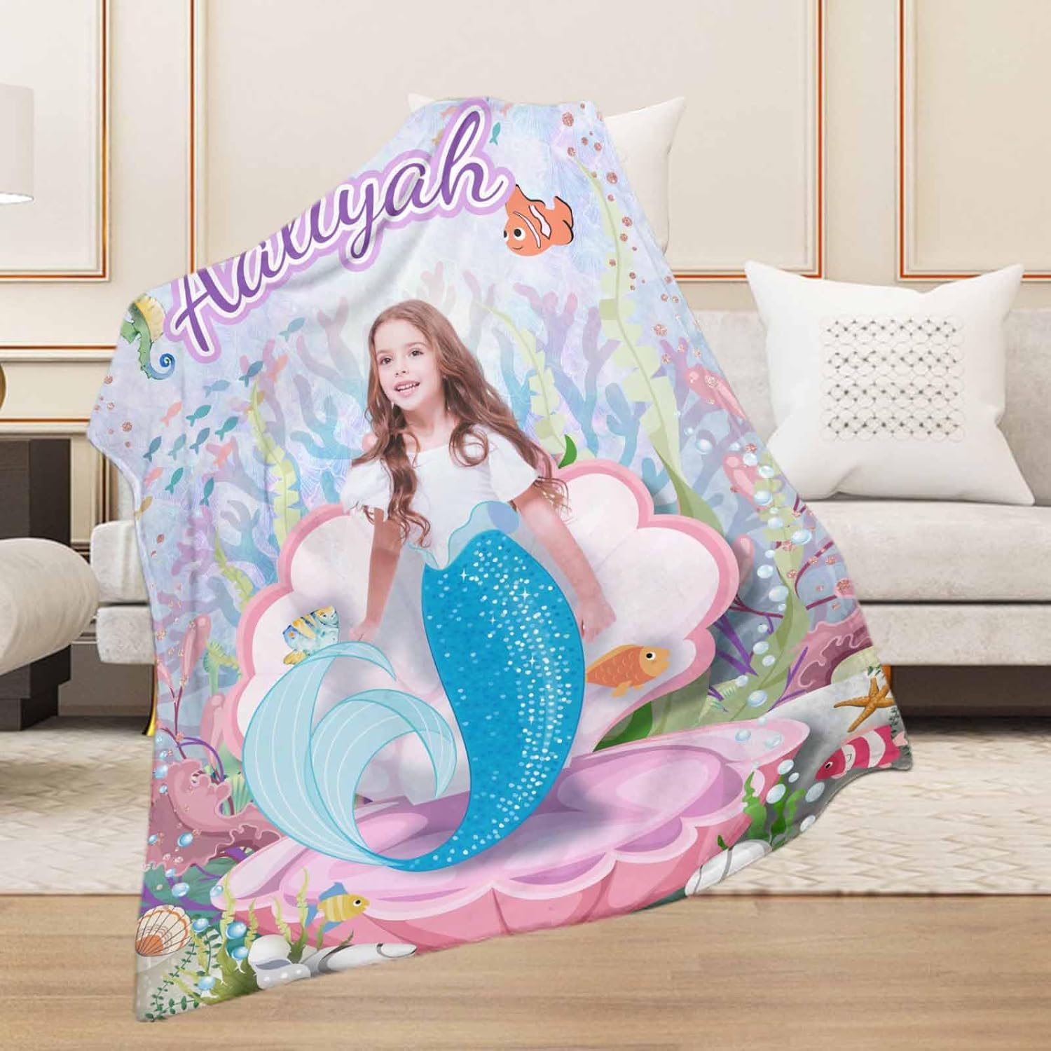 Artsadd Manta de sirena con foto de nombre, regalos personalizados de sirena para niñas, manta de sirena personalizada, regalos para niños y niñas,